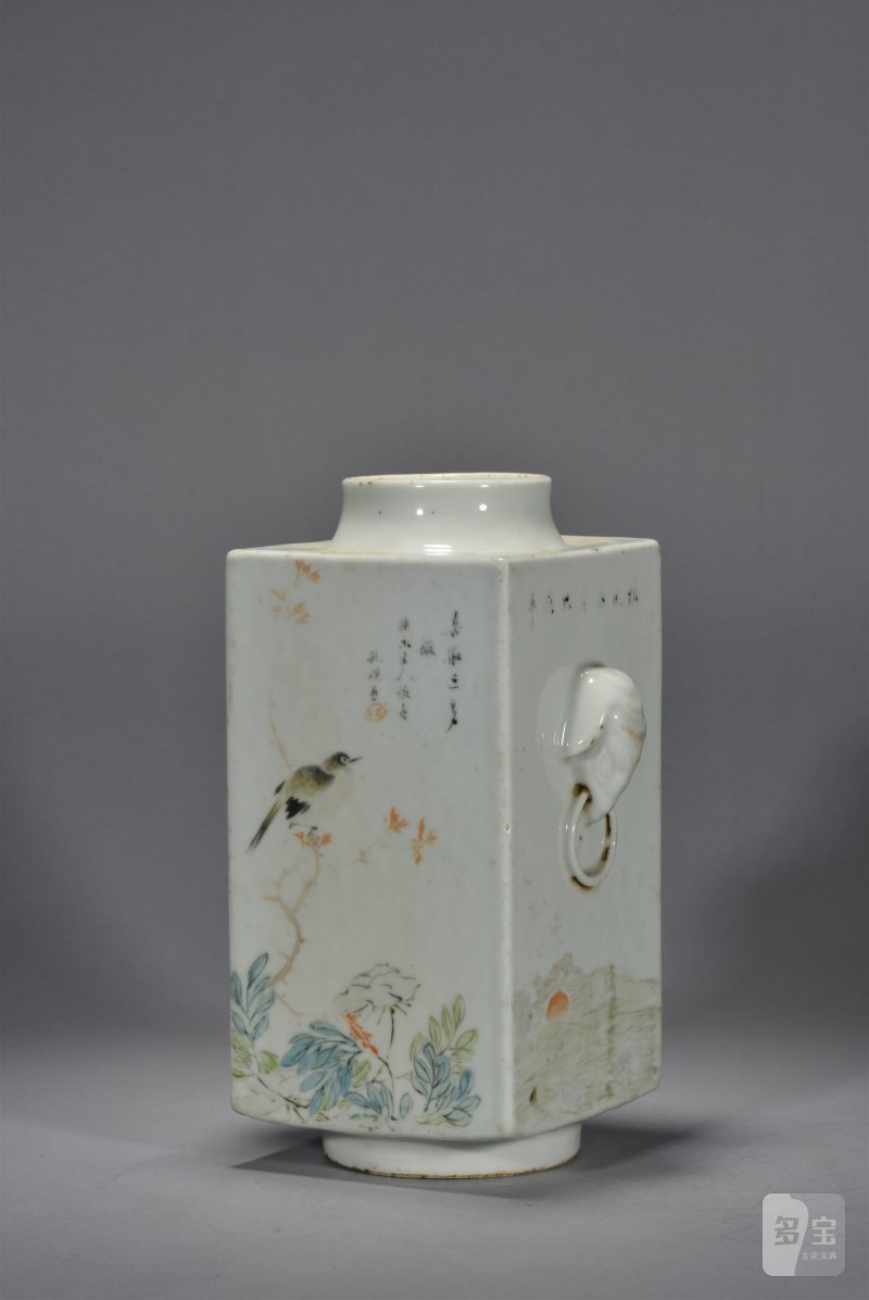 清光绪 胡孔规山水花鸟琮式瓶 - 图2